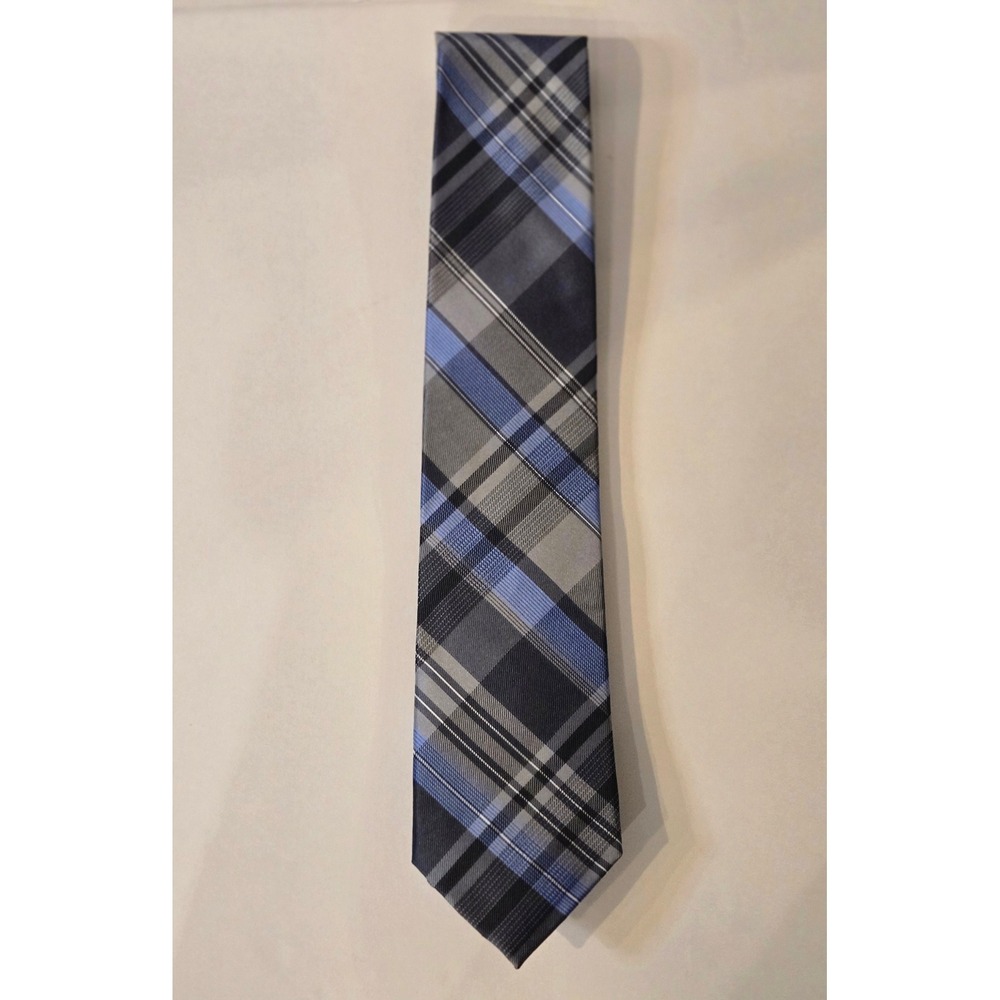 ck Calvin Klein Mens Blue Grey Black Plaid 100% Silk Extra Long Necktie Tie